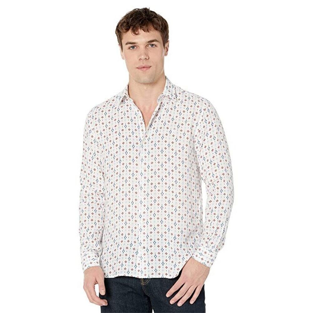Serge Blanco Men Aztec Print Linen Shirt White LG